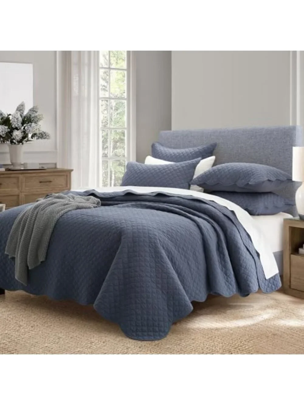Soft Lightweight Cotton Quilt Set, Queen Size, Steel Blue, 3-Piece Bedding with